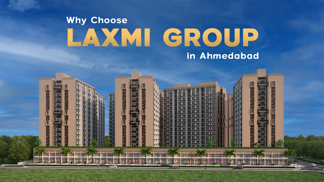Modern residential apartment project by Laxmi Group in Ahmedabad featuring high-rise buildings and commercial spaces, representing quality construction in growth corridors like Bhadaj amid rising property prices in Ahmedabad and increasing property rates in Ahmedabad area wise.