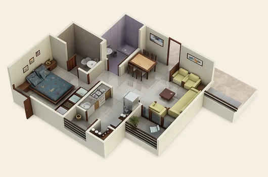 Floor plan of a well-designed 1 BHK flat for sale in ahmedabad featuring a cozy bedroom, kitchen, living area, and dining space. Perfect for small families or newly married couples, with easy access to local amenities and public transport.