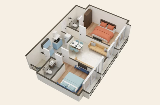 Floor plan of a spacious 2 BHK flat in Laxmi Courtyard, Narol, Ahmedabad, featuring a well-organized living room, dining area, and two comfortable bedrooms. Ideal for growing families, with modern designs and prime location close to schools, markets, and transport hubs.