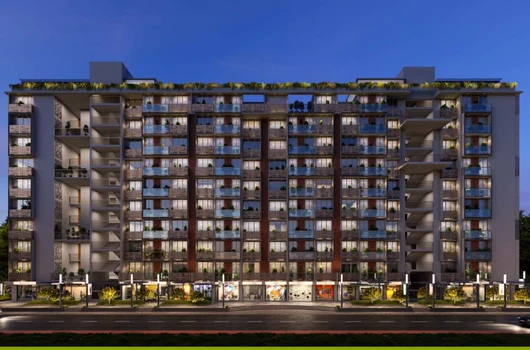 2 BHK flats in Narol Ahmedabad at Laxmi Courtyard featuring modern residential building with podium amenities, retail frontage, and well-planned apartments in a growing locality