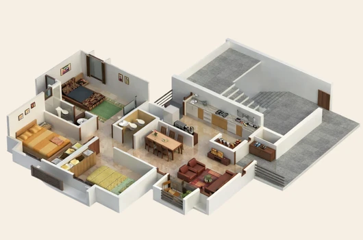 Floor plan of a spacious 3 BHK flat in Laxmi Eternia, Narol, Ahmedabad, featuring modern interiors, ample living space, and a well-designed kitchen and dining area. Ideal for growing families, offering great connectivity to schools, offices, and shopping hubs.