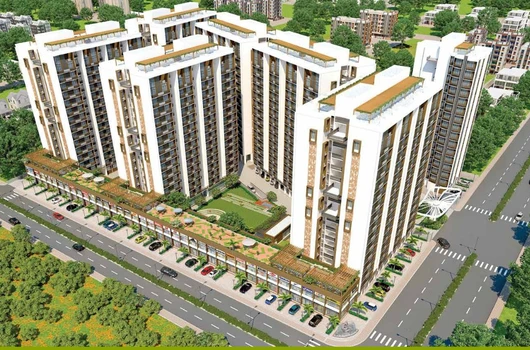 3 BHK flats in Narol Ahmedabad at Laxmi Eternia featuring large residential complex with landscaped courtyard, retail spaces, and spacious modern apartments ideal for families