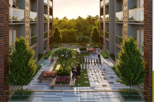 Affordable flats under 40 lakhs by Laxmi Group in Ahmedabad, featuring landscaped gardens, children’s play areas, indoor games, secure gated community, and modern living spaces within budget-friendly apartments.