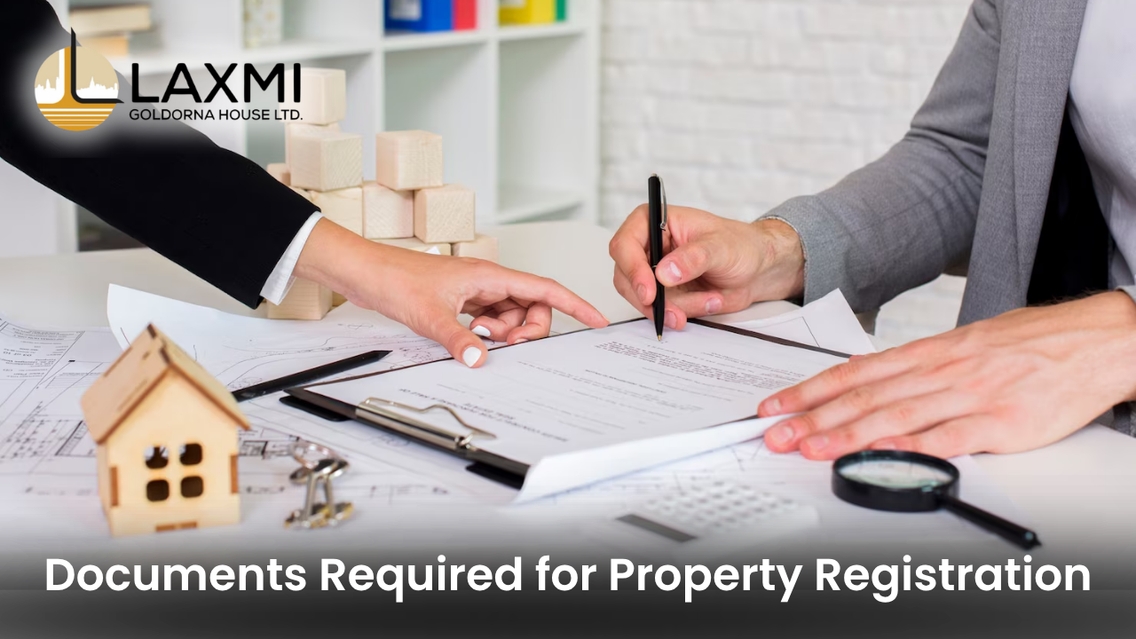 buyer signing property registration documents with agent, house model and paperwork illustrating what documents are required for registration of property