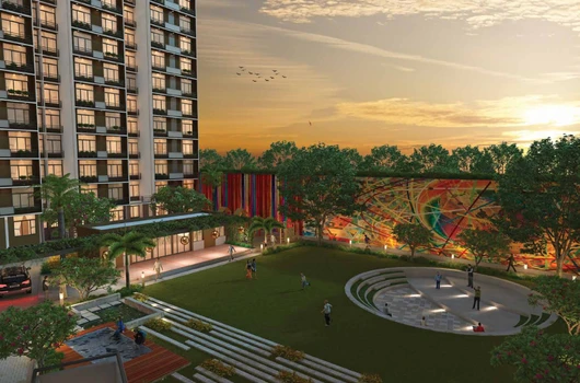 Flats in Narol Ahmedabad featuring 1 2 3 BHK apartments with open garden, seating area, modern buildings, and excellent connectivity to schools, hospitals, and major roads