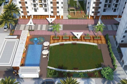 Modern 4 BHK apartments in Ahmedabad featuring landscaped garden, swimming pool, seating area, and premium amenities in a well-planned residential complex