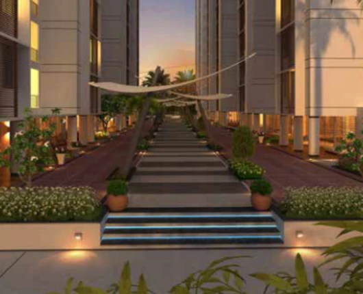 Luxurious residential pathways in Ahmedabad, featuring landscaped walkways, modern architectural design, and premium apartments for a high-end living experience