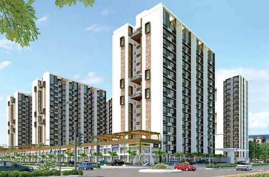An architectural rendering of Laxmi Group's under construction projects in Ahmedabad, offering modern 2, 3, and 4 BHK flats in prime locations such as Bhadaj and Narol, designed for a premium living experience with top-tier amenities.
