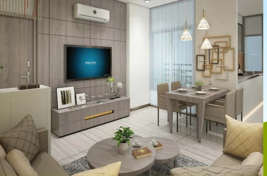 A beautifully designed living room in a 1 BHK flat offered by Laxmi Group in Ahmedabad, showcasing modern interiors, ideal for those seeking affordable homes under ₹30 lakhs. Perfect for first-time buyers and investors in developing areas.