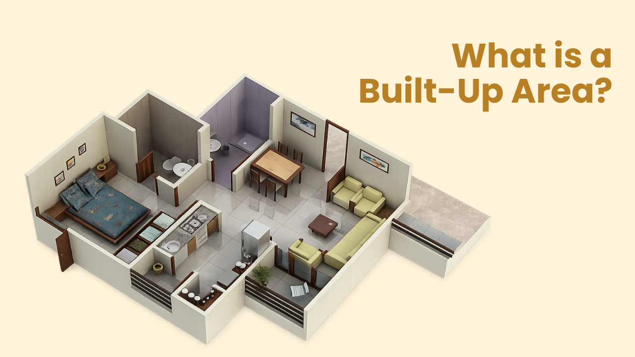 3D apartment floor plan showing rooms, walls, balcony, and utility spaces explaining what is built up area in real estate including total constructed space of a flat