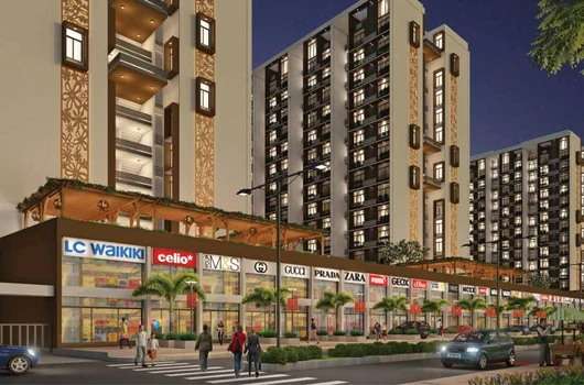"Exterior view of a retail complex with commercial shop for sale in Ahmedabad, featuring brands like LC Waikiki, Celio, Gucci, and Prada, set in a prime business location."