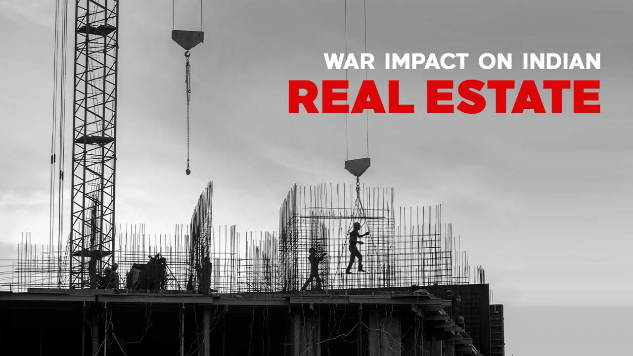 Iran-Israel war impact on Indian real estate showing construction site with cranes and workers, highlighting rising steel, cement, and material costs affecting property prices in India 2026.