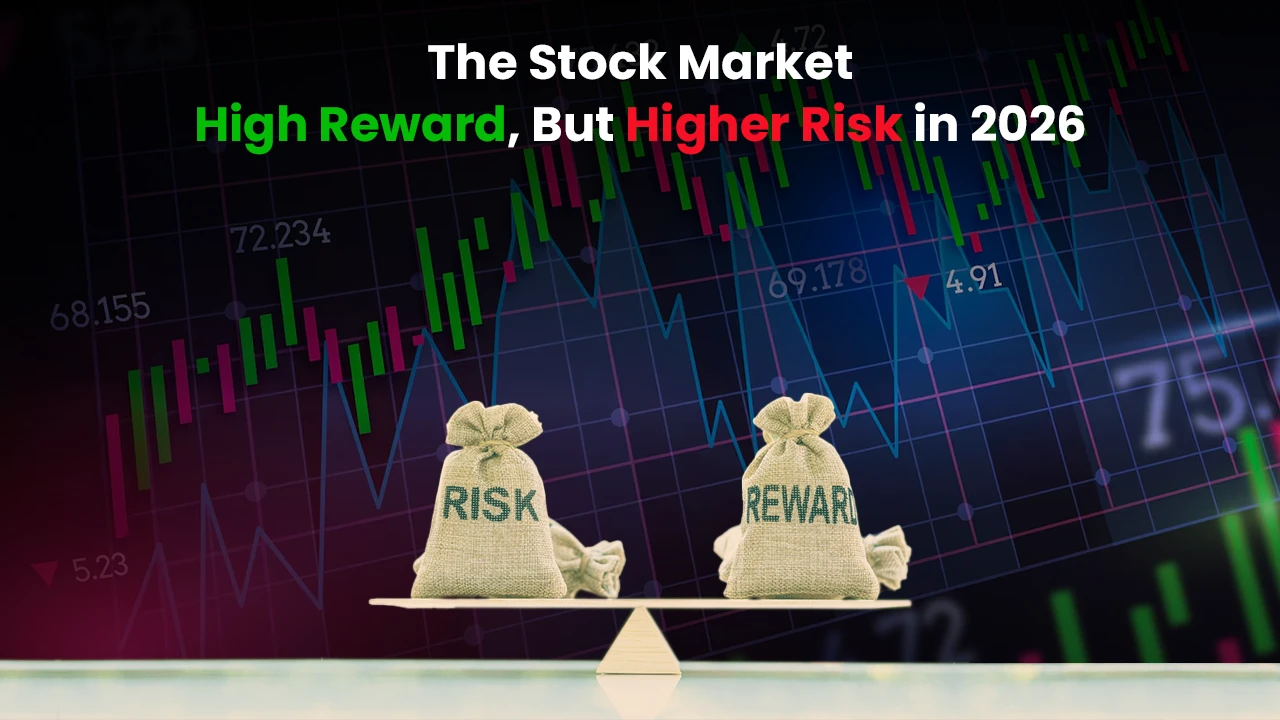 Stock market high risk vs high reward in India 2026 illustrated with balance scale holding risk and reward bags over stock trading chart, highlighting real estate vs stocks decision