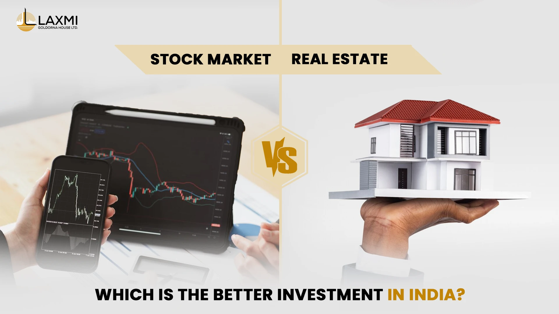 Stock market vs real estate in India showing stock trading charts on a tablet and phone beside a house model, comparing real estate vs stocks for Indian investors