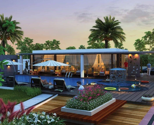 A luxurious poolside view of Laxmi Group's residential community, offering ready-to-move flats with premium amenities like a swimming pool, lounge area, and lush greenery for a modern lifestyle.