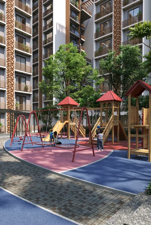 Kids play area with swings and slides at The Universe, a new flat scheme in Nikol Ahmedabad, surrounded by premium residential towers and family-friendly amenities for 3 BHK flats in Ahmedabad Nikol.