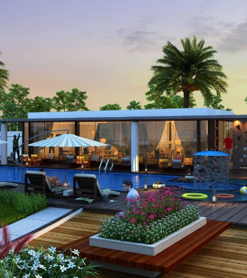 Swimming pool, wooden deck, party lawn, and landscaped garden at Laxmi Skycity in Nava Naroda near Nikol, offering ready-to-move 3 BHK flats in Ahmedabad Nikol with premium lifestyle amenities.