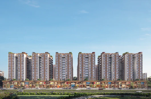 Front elevation of The Universe by Laxmi, a new flat scheme in Nikol Ahmedabad offering premium 3 BHK flats with high-rise towers, retail frontage, landscaped surroundings, and S.P. Ring Road connectivity.