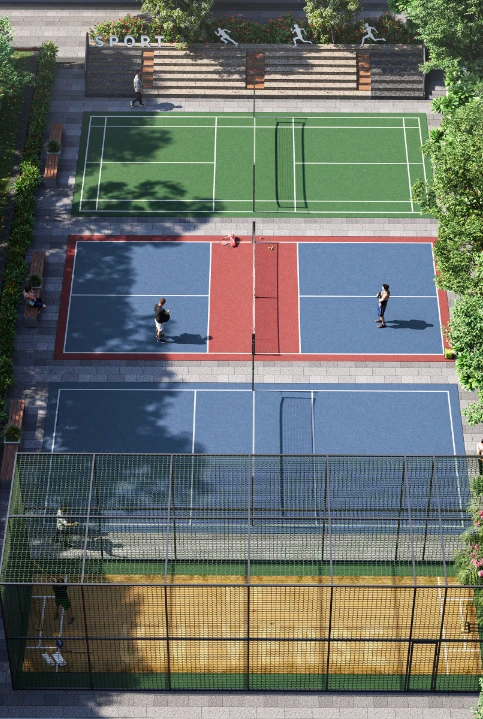 Aerial view of The Universe township in New Nikol, Ahmedabad featuring multiple sports courts including pickleball, badminton, and volleyball, along with landscaped gardens and fitness areas; ideal for buyers looking for flats in Naroda Ahmedabad or new flat schemes in Naroda.