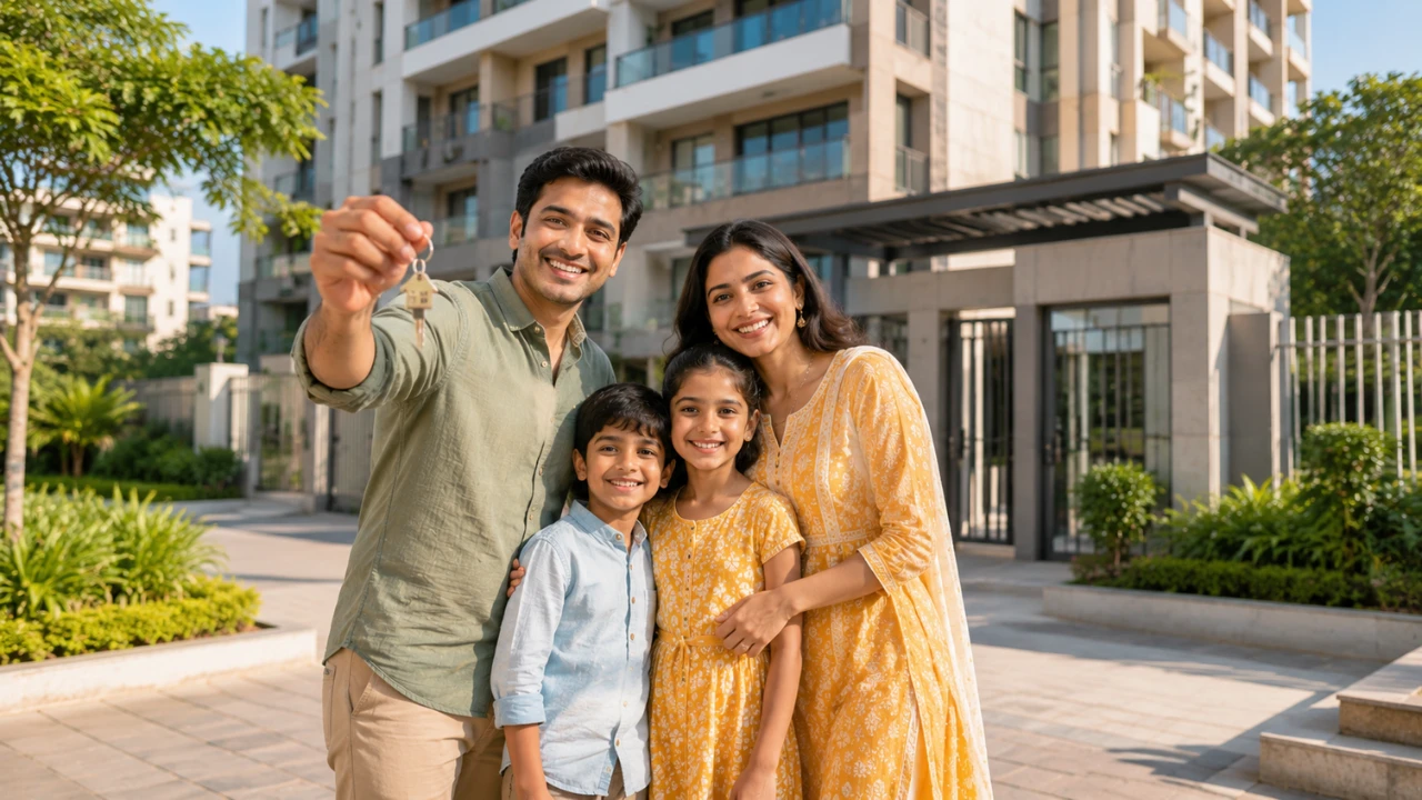 Happy Indian family showing new home keys outside a modern residential apartment society in Ahmedabad.