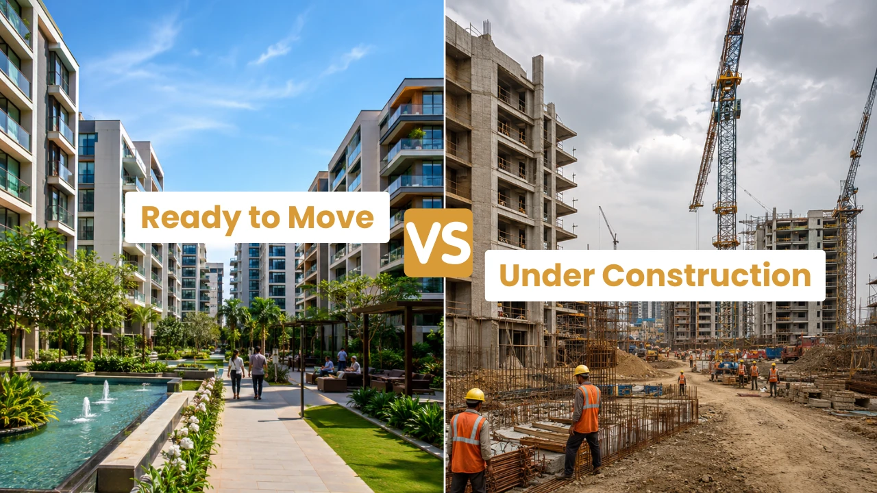 Split-screen image comparing ready to move apartment and under construction apartment for home buyers.
