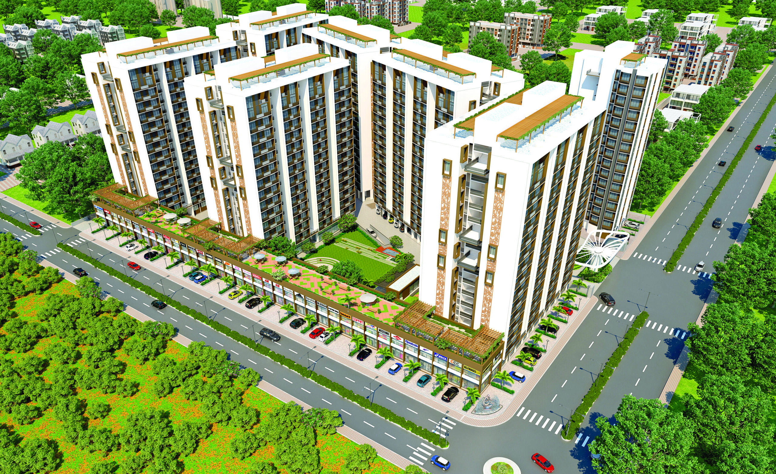 Aerial view of Laxmi Group residential project featuring 2, 3 and 4 BHK ready to move flats in Ahmedabad with modern high-rise towers and amenities.