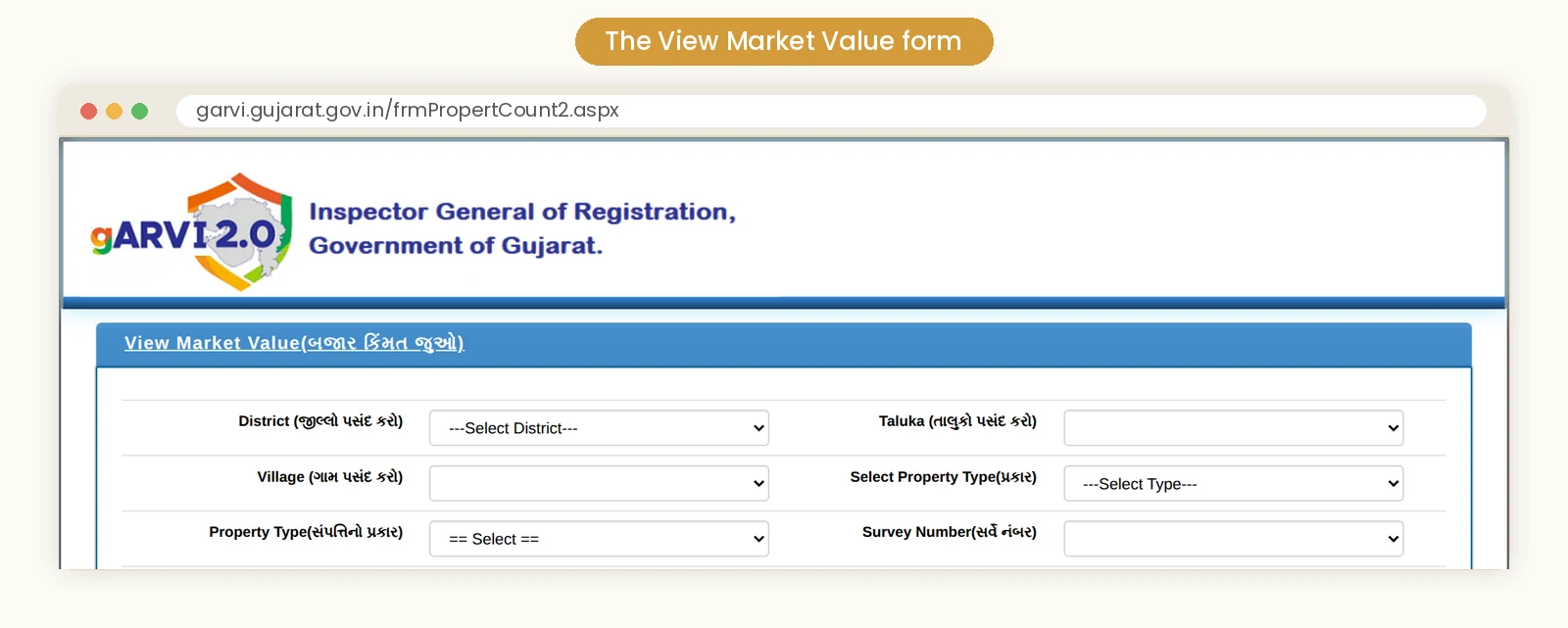 The View Market Value form on the GARVI portal showing District, Taluka, Village, Property Type and Survey Number dropdowns